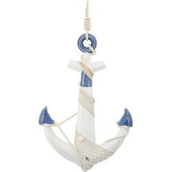 Cepewa Groot anker beeld decoratie - wit/blauw - 59 x 39 cm - met touw - Beeldjes