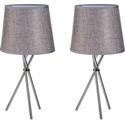 2x stuks design tafellampen/schemerlampjes zilvergrijze kap en stalen poten 38 cm - Tafellampen