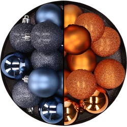 24x stuks kunststof kerstballen mix van donkerblauw en oranje 6 cm - Kerstbal
