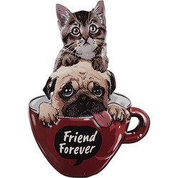 Clayre & Eef Tekstbord Kat en Hond 38x55 cm Rood Ijzer Friend Forever Wandbord