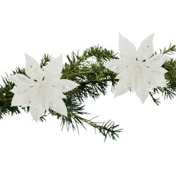 2x stuks kerstboom decoratie bloemen wit glitter op clip 15 cm - Kersthangers