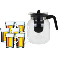 Glazen theepot met filter/infuser van 1,5 liter met 6x stuks theeglazen van 230 ml - Theepotten