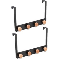 2x stuks badkamerdeur/kastdeur kapstokken zwart met 4 houten haken 35 cm - Kapstokken