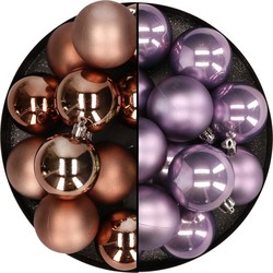 Kunststof kerstballen 6 cm - 24x stuks - bruin en lila paars - Kerstbal