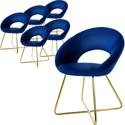 Eetkamerstoel set van 6 met ronde rugleuning blauw fluweel met gouden metalen poten ML design