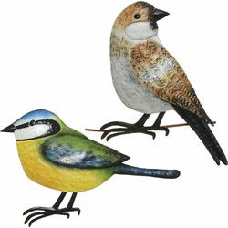 Decoratie vogels - 2x - metaal - huismus en pimpelmees - 38 cm - Tuinbeelden