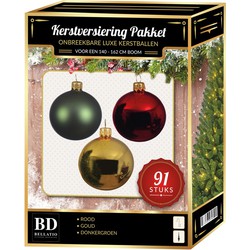 Licht gouden/donkergroene/rode kerstballen pakket 91-delig voor 150 cm boom - Kerstbal