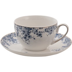 Clayre & Eef Kop en schotel 12*9*5 cm / Ø 15*2 cm / 200 ml Wit Blauw Porselein Bloemetjes Servies Cadeau voor haar Cappuccino