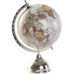 Items Deco Wereldbol/globe op voet - kunststof - beige/zilver - home decoratie artikel - D20 x H30 cm - Wereldbollen