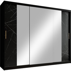 Meubella Kledingkast Marmer 3 - Zwart - 250 cm - Met spiegel