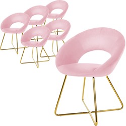 Set van 6 eetkamerstoelen met ronde open rugleuning roze fluweel met goudkleurige metalen poten ML design