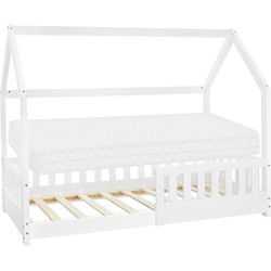 Kinderbed huisbed 80x160 cm wit gemaakt van dennenhout incl. matras H-10cm uitvalbeschermend dak en lattenbodem ML-Design