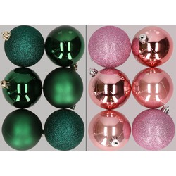 12x stuks kunststof kerstballen mix van donkergroen en roze 8 cm - Kerstbal