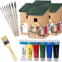 4x stuks houten vogelhuisje/nestkastje 22 cm - Zelf schilderen pakket - verf/kwasten - Vogelhuisjes