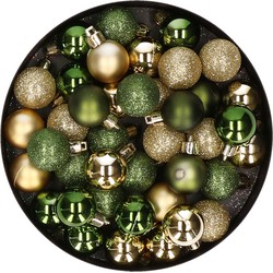 Kleine kunststof kerstversiering 40x stuks set en 3 cm kerstballen in het goud en groen - Kerstbal