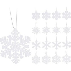 16x Witte sneeuwvlok/ijsster kerstornamenten kerst hangers 10 cm met glitters - Kersthangers
