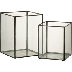 J-line - Set Van Twee Kaarshouder Vierkant Glas/metaal Zwart - 20x20x25cm