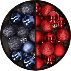 34x stuks kunststof kerstballen donkerblauw en rood 3 cm - Kerstbal