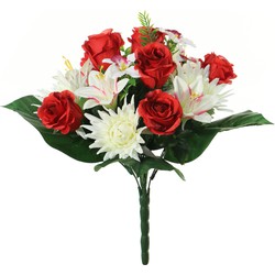 Louis Maes kunstbloemen boeket roos/orchidee/chrysant - rood/wit - H36 cm - Bloemstuk - Bladgroen - Kunstbloemen