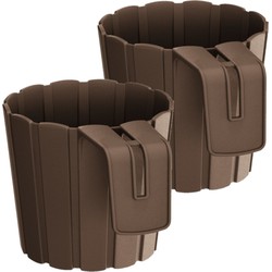 Set van 2x stuks kunststof balkon plantenpotten/bloempotten met haak bruin 14 cm - Plantenbakken