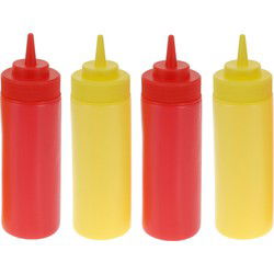 Doseerflessen/sausflessen - 4x - rood en geel - kunststof - 400 ml - mayo en ketchup knijpflessen - Garneergerei