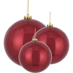 Grote kerstballen 3x stuks donkerrood 15, 20 en 25 cm kunststof - Kerstbal