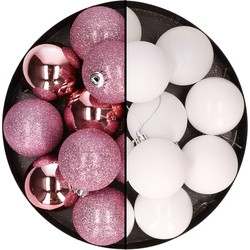 24x stuks kunststof kerstballen mix van roze en wit 6 cm - Kerstbal