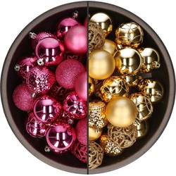 74x stuks kunststof kerstballen mix van goud en fuchsia roze 6 cm - Kerstbal