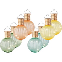 Set van 8x stuks buiten led lichtgroene, turquoise, oranje en gele lampion solar verlichting 11 cm - Lampionnen