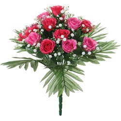 Louis Maes Kunstbloemen boeket rozen/gipskruid - roze/cerise - H36 cm - Bloemstuk - Bladgroen - Kunstbloemen