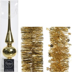 Kerstversiering glazen piek glans 26 cm en folieslingers pakket goud van 3x stuks - kerstboompieken
