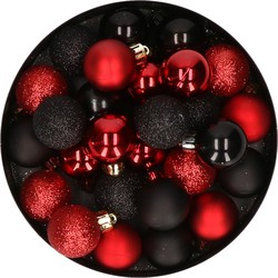 28x stuks kunststof kerstballen rood en zwart mix 3 cm - Kerstbal