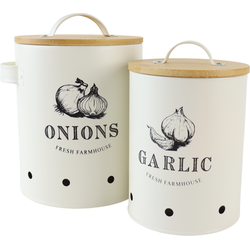 OTIX Voorraadpotten - met Deksel - Beige - Set van 2 - Knoflookpot - Uienpot - Metaal - Bamboo - LIBRA
