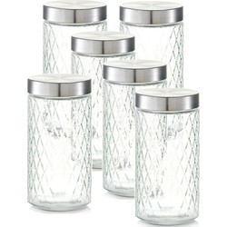 6x Glazen voorraadpotten/bewaarpotten 1500 ml geruit 11 x 22 cm - Voorraadpot