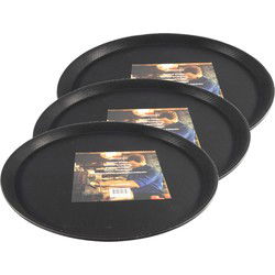 3x dienblad - anti-slip - zwart - kunststof - d35 x h2 cm - Dienbladen