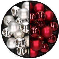 32x stuks kunststof kerstballen mix van zilver en donkerrood 4 cm - Kerstbal