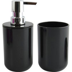 MSV Zeeppompje en drink/tandenborstel beker - badkamer set Porto - kunststof - zwart - Badkameraccessoireset