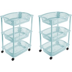 2x stuks keuken opberg trolleys/roltafels met 3 manden 62 cm lichtblauw - Opberg trolley