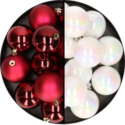 24x stuks kunststof kerstballen mix van donkerrood en parelmoer wit 6 cm - Kerstbal