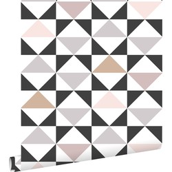ESTAhome behang grafische driehoeken wit, zwart, warm grijs en oudroze - 0,53 x 10,05 m - 139094
