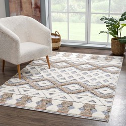 Solace Hoogpolig Grijs / Beige vloerkleed - Geruit - 200 X 200 CM ROND