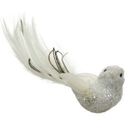 6x stuks decoratie vogels op clip wit glitter 17 cm - Kersthangers