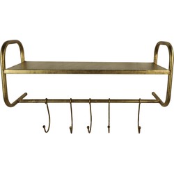 HSM Collection-Wandkapstok Met Plank 5 Haken-22x65x27-Goud-Metaal