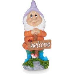 Giftdecor Tuinkabouter beeldje met Welcome bord - Polyresin - muts paars - 27 cm - decoratie dwerg - Tuinbeelden