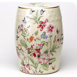 Fine Asianliving Keramische Kruk Beige Bloemen Handgemaakt - Eirin