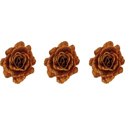 6x stuks decoratie bloemen roos koper glitter op clip 10 cm - Kunstbloemen