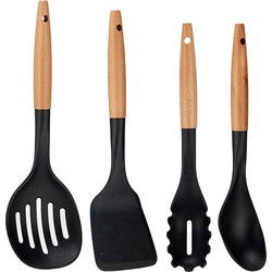 Kook/keuken gerei - set van 4x stuks - zwart/bruin - kunststof/hout - kook accessoires - Soeplepels