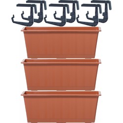 3x Terracotta balkon reling bakken/bloempotten 9 liter - Plantenbakken