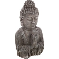 Atmosphera Boeddha hoofd beeld biddend - binnen/buiten - kunststeen - oud hout look - 50 cm - Beeldjes