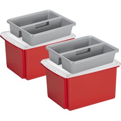 Sunware 2x opslagboxen kunststof 32 liter rood 45 x 36 x 24 cm met deksel en organiser tray - Opbergbox